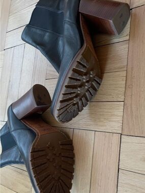 Coach Black Leather Ankle Boots with Brown Block Heels